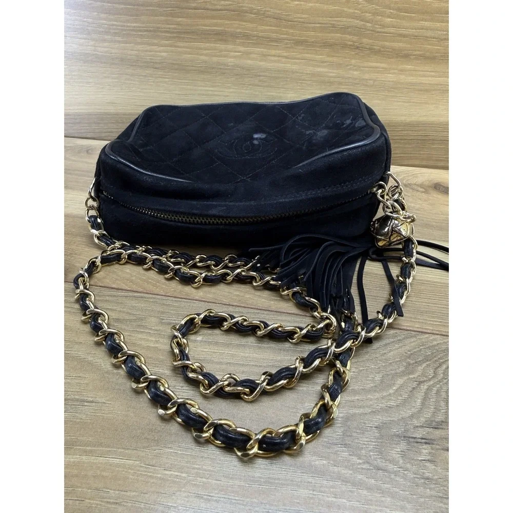 CHANEL Vintage 90s Quilted Suede Small Camera Bag Black Suede Zipper Tassel